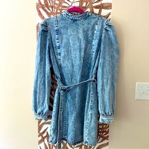 Nastygal NWT Denim mini dress with puff shoulders and tie waist | Size XL